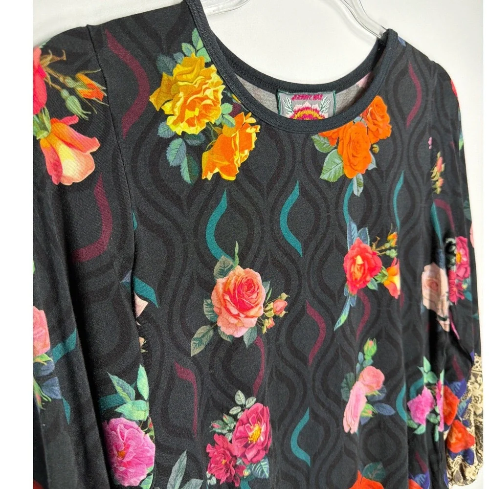 Johnny Was Floral Lace Cuff Long Sleeve Top Black Rose Geometric M18223-6 XS